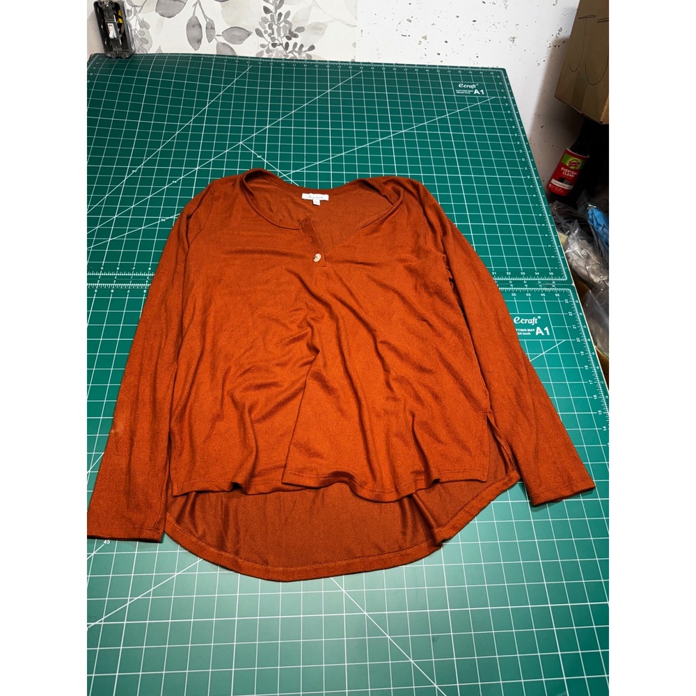 White Birch Womens Rust Orange Long Sleeve Henley High Low Hem Top Size L